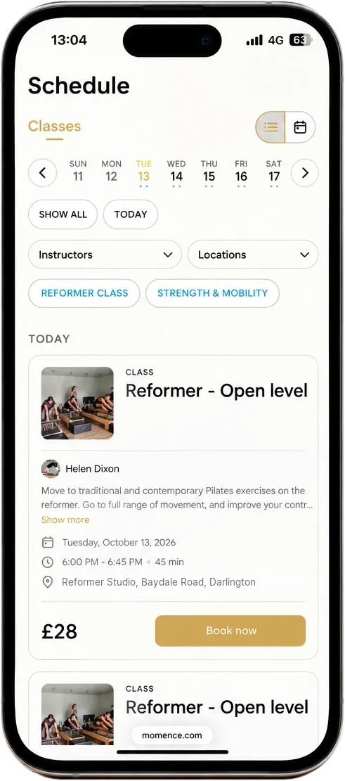 The Momence app showing the Helen Dixon Pilates class schedule